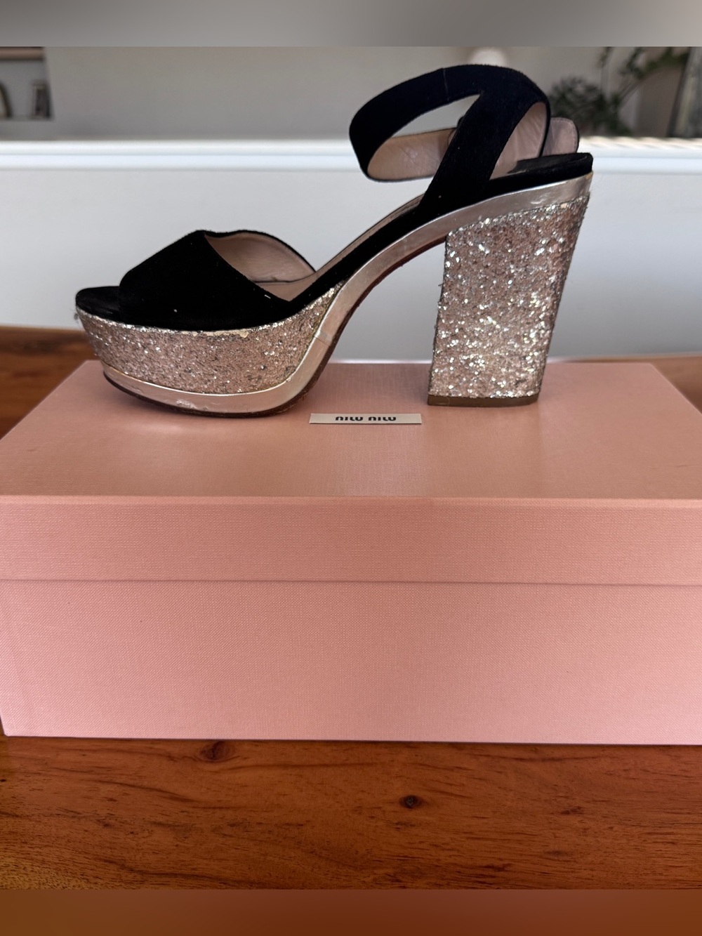 Miu Miu Black Suede Platform Sandals with Silver Glitter Block Heel